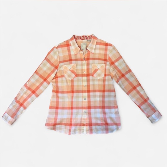 Roper Tops - ROPER WOMENS LONG SLEEVE SNAP YELLOW AND TANGERINE PLAID WESTERN SHIRT SIZE L